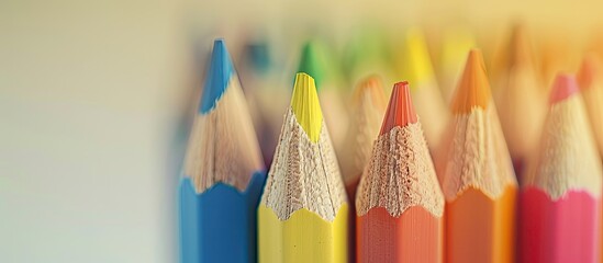 Aufkleber - Colorful assortment of pencils in various shades are displayed in a row on a white background with a blurred side perspective, ideal for a copy space image.