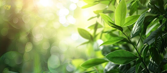 Sticker - Green leaf on a blurred greenery background in a garden, basking in sunlight, with copy space for a natural plants landscape, fresh wallpaper concept.