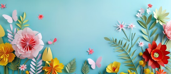 Poster - Easter and holiday-themed banner with paper-cut frame featuring natural flowers and plants; ideal for spring projects. Creative paper art with copy space image.