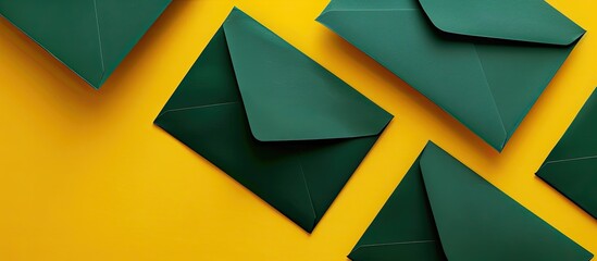 Poster - A flat lay image displaying dark green envelopes against a yellow background from a top view with ample room for text or graphics.