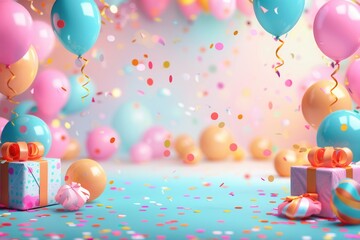 Poster - A vibrant and joyful scene of colorful balloons, confetti, and presents set against a backdrop of a childrens birthday party. Generative AI