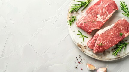 Canvas Print - Raw pork meat on plastic cutting board with white background and space for text