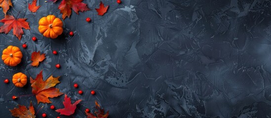 Aufkleber - Autumn maple leaves along with small orange pumpkins set against a dark gray background with copy space image.