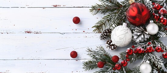Poster - Festive Christmas setting with decorated tree branch and ornaments on a white wooden backdrop. Ideal for your copy space image.