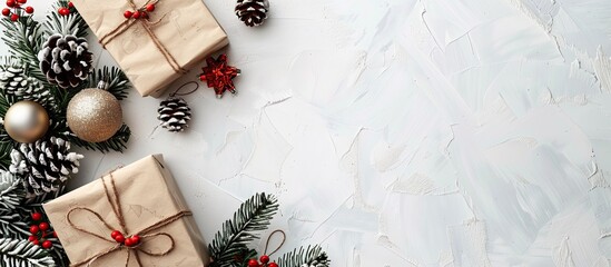 Poster - Top view of a Christmas scene featuring a fir tree, gift box, and ornaments on a white table, with ample copy space for additional images or text.