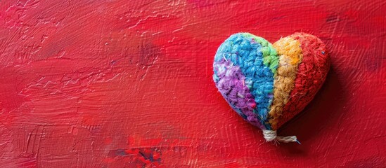 Aufkleber - Colorful heart shape viewed from the top on a red table with copy space image.