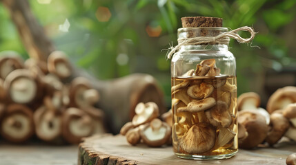 Wall Mural - Organic Shiitake Mushroom Extract in Glass Bottle, Serene Forest Setting