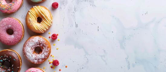 Poster - Colorful doughnuts displayed on a table with copy space image, seen from above and isolated.
