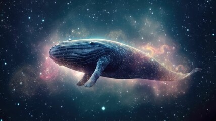 Wall Mural - Surreal art design of a whale floating in space with a cosmic background and starry sky. Digital art of whale swimming in the space with gradient watercolor and glowing star in the night sky. AIG35.