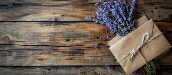 Poster - Vintage wooden background with a greeting card mockup, envelope, and dry lavender bouquet, top view, allowing space for an image. Copy space image. Place for adding text and design