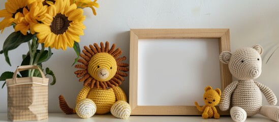 Poster - A frame with copy space image for text is placed beside an amigurumi lion and dog, perfect for adding greetings.