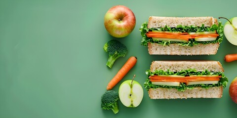 Wholesome vegetarian school lunch featuring an apple carrot broccoli sandwich on a green background. Concept Vegetarian Lunch, Fruit and Veggie Sandwich, Healthy Eating, School Lunch