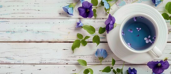 Poster - On the table, there's a cup of tea made from Butterfly pea flowers and honey, with a clear space ideal for adding text or graphics, a copy space image.