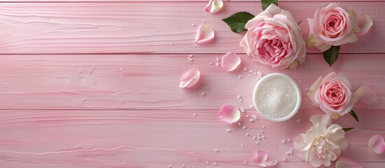 Sticker - Cosmetic cream, rose flower, and salt on a pink wooden background create a beautiful composition with a soothing aesthetic for a copy space image.