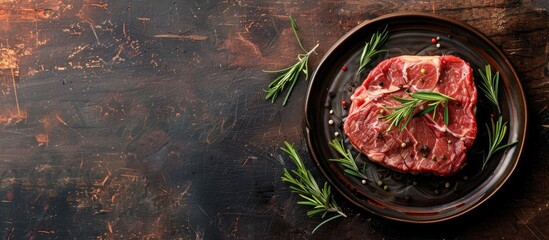 Rustic background featuring a top view of a second-course table setting with a raw ribeye steak and copy space image for text.
