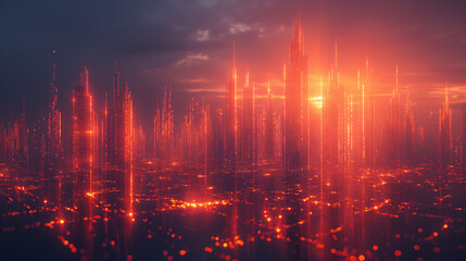 Wall Mural - A luminous bridge connects two data points over a digitally rendered city, representing secure network transactions. , natural light, soft shadows, with copy space.