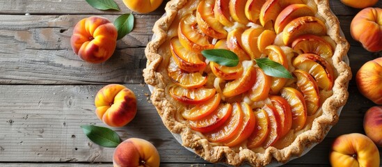 Poster - A pie with nectarines displayed on a gray wooden table with soft focus enhancing the aesthetic appeal of the copy space image.