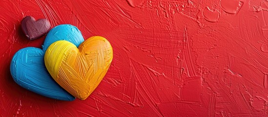 Poster - Colorful heart shape viewed from the top on a red table with copy space image.