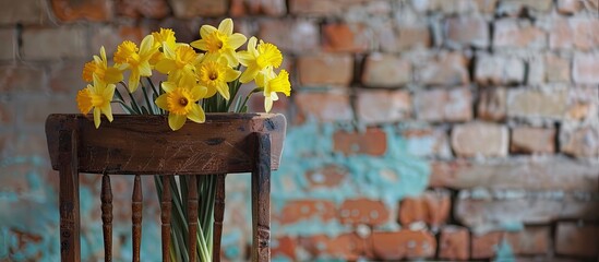 Poster - Daffodils beautifully arranged on a chair with a brick wall backdrop, creating a lovely scene with copy space image.