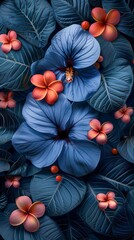 Poster - Beautiful flowers in blue tones. Pink tropical flower Plumeria, spa flower