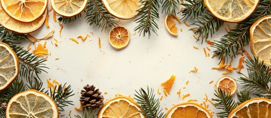 Poster - A festive holiday backdrop adorned with dried orange slices and pine needles, perfect for a copy space image.