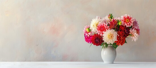 Aufkleber - Dahlia flower bouquet displayed in a vase on a white table with room for text in the image. Copy space image. Place for adding text and design