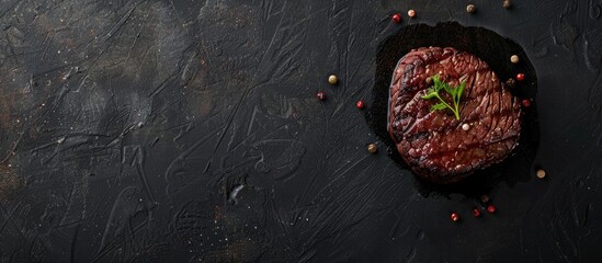 Poster - Top view of steak cooking on dark surface with copy space image.