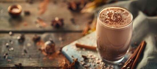 Canvas Print - Chilled cocoa drink served with cold milk, perfect for cozying up with. Add a flair with a sprinkle of cinnamon before enjoying. Ideal for menus and promotional copy space image.