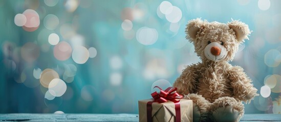 Wall Mural - Space for text amid a teddy bear and a gift box in the image. Copy space image. Place for adding text and design