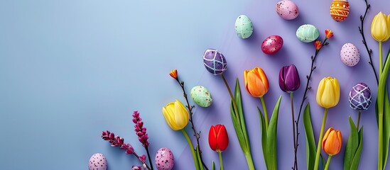 Aufkleber - Easter-themed flat lay with vibrant tulips, pussy willow, colorful eggs on violet backdrop, featuring a festive concept and copy space image.