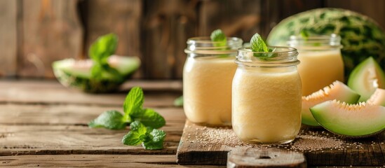Poster - Melon smoothie in glass jars on a wooden table with a rustic background, ideal for a copy space image.