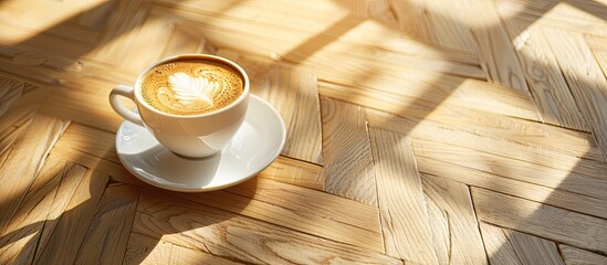 Aufkleber - A cup of coffee resting elegantly on a shiny parquet floor, creating a charming scene with copy space image.