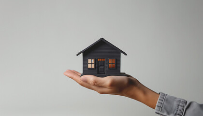 Hand holding model black house presenting model house for home loan campaign on a grey background