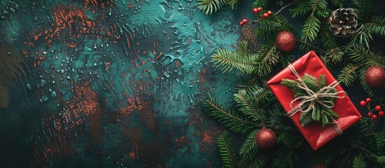 Poster - Red Christmas present and green fir branches arranged on a rustic background, ideal for a top view flat lay photograph with space for text or other images. Copy space image