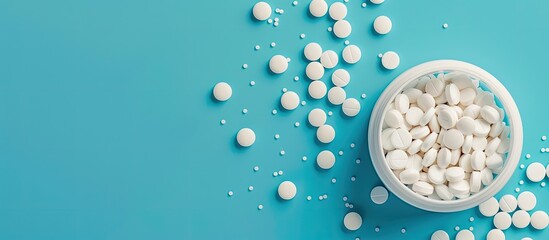 Wall Mural - White round pills spilled from a container on a blue backdrop, fitting a medical theme with mentions of disease treatment, health, and pharmacy. Perfect for adding text. Copy space image