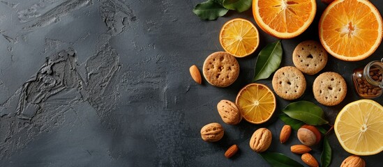 Wall Mural - A fresh and appetizing arrangement on the table with halved citrus, golden nuts, two sweet biscuits, and a juicy fruit flavor, all complemented by an enticing copy space image.