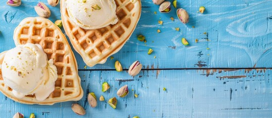 Sticker - Heart-shaped waffles topped with vanilla ice cream and pistachio nuts on a blue wooden backdrop, portraying a healthy summer food idea with a copy space image.