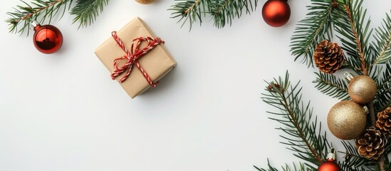 Fototapete - A flat lay arrangement with a festive evergreen branch, Christmas ornaments, and a gift box on a plain white backdrop, suitable for a copy space image.