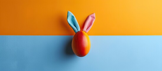Aufkleber - Horizontal studio shot of a brightly colored egg with canvas rabbit ears, all on a copy space image.