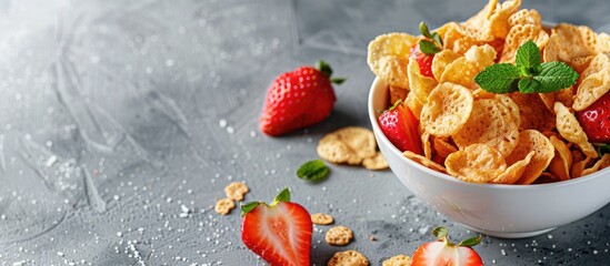 Aufkleber - Cornflakes with fresh strawberries are a nutritious and delicious option for a summer snack or dessert, ideal for fitness enthusiasts. Perfect for a copy space image.