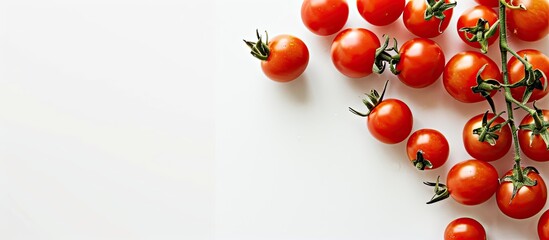 Cherry tomatoes are appetizing against a blank space in the image. Copy space image. Place for adding text and design
