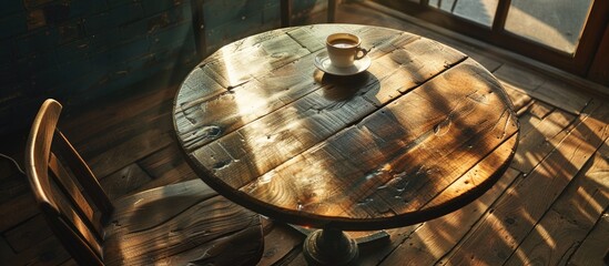 Aufkleber - Sunlight illuminates a wooden table with morning coffee, creating a cozy atmosphere. Copy space image. Place for adding text and design