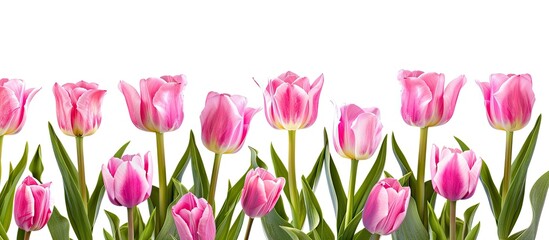 Poster - Pink tulips set against a white background with copy space image.