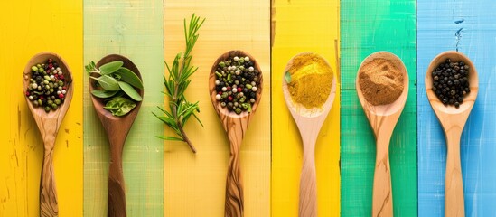 Poster - Wooden spoons with herbs and spices on colorful wooden surface create a charming composition with copy space image.
