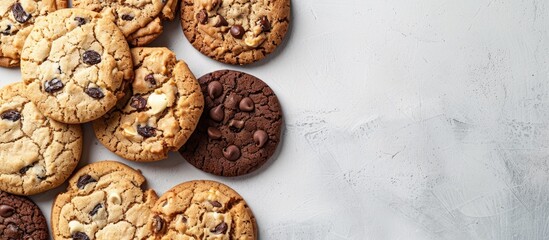 Poster - Assorted cookies like chocolate chip, oatmeal raisin, and white chocolate, displayed in a group with copy space image.