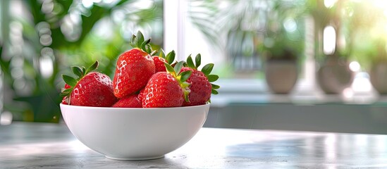 Poster - A fresh strawberry displayed in a white bowl on a table with copy space image.