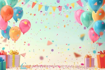 Poster - Colorful balloons, confetti, and presents create a joyful and vibrant scene perfect for childrens birthday parties. Generative AI