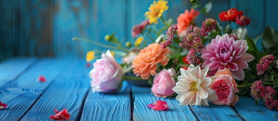Poster - Flowers from the garden displayed on a blue wooden table with a background perfect for a copy space image.