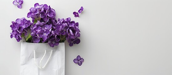 Aufkleber - Purple flowers arranged in a white paper bag on a white background, presented in a top-down view with ample copy space image.