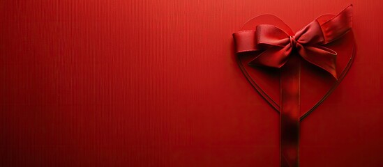 Aufkleber - A heart-shaped ribbon on a red backdrop with ample copy space for holiday greeting cards like Valentine's Day, Women's Day, Birthday, and Mother's Day. Top view in horizontal orientation.